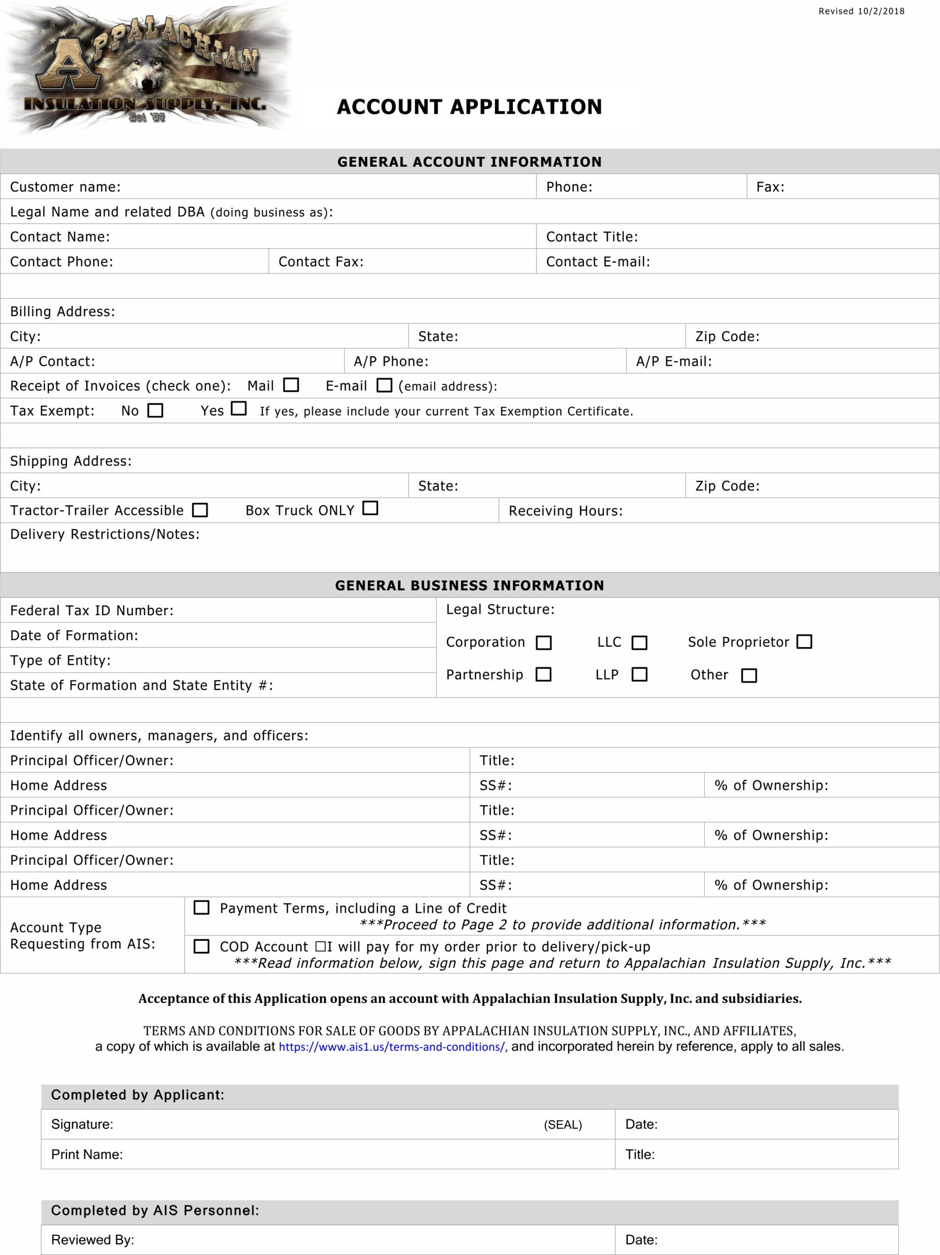 appalachian insulation supply inc account application