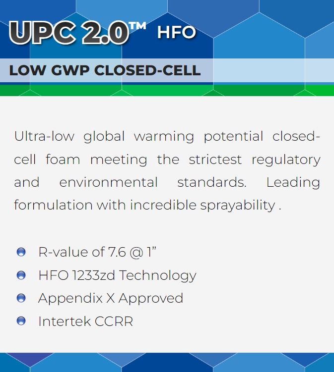 UPC-2 UPC 2.0 HFO low gwp closed-cell spray foam for sale at appalachian insulation supply inc